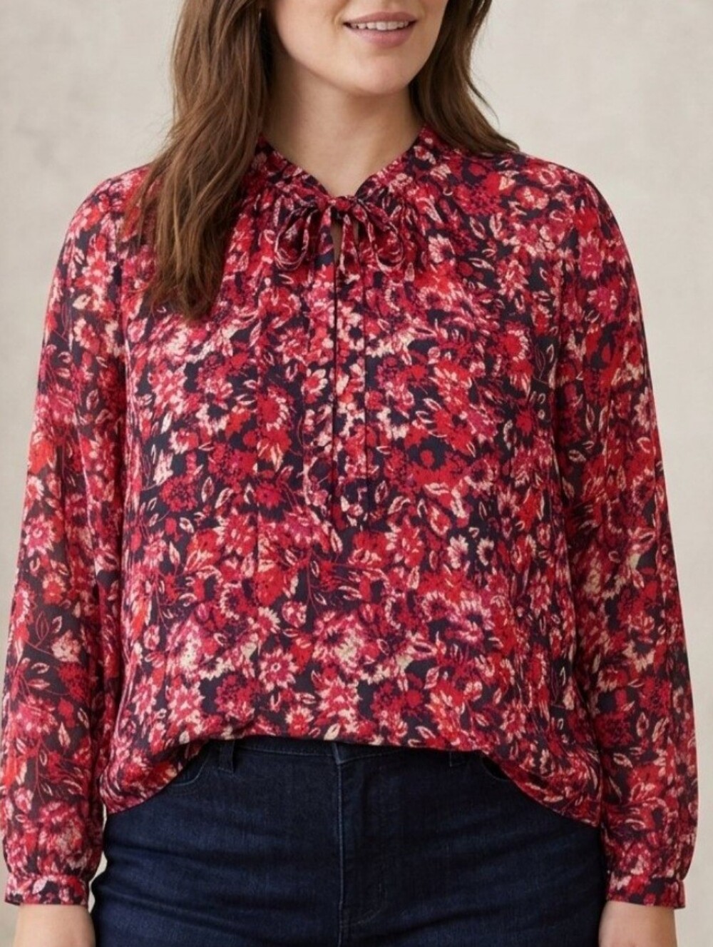 Vince Camuto Pink and Black Floral Tie-Neck Blouse